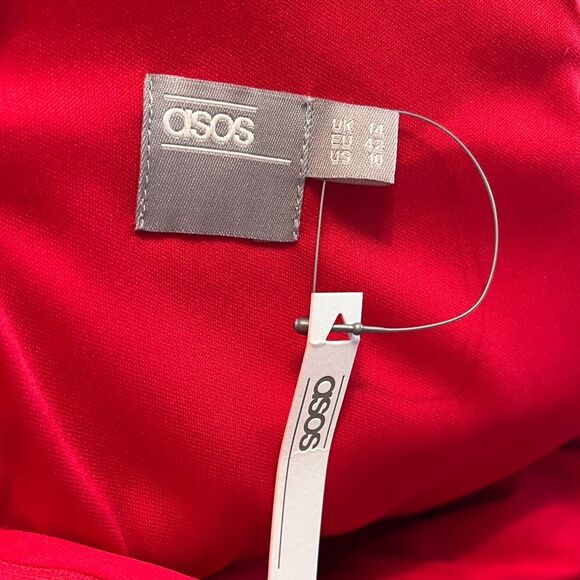 ASOS Soft Ruffle Peplum Red V-Neck Knee Length Belted Pencil Dress size 10 - Picture 4 of 5